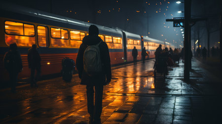 a man with a backpack is standing on a train platform at nightの素材