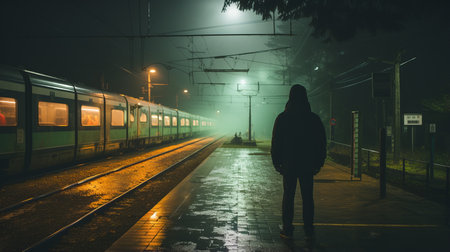 a person standing in front of a train at nightの素材