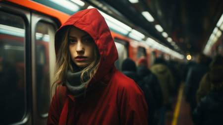 a woman in a red hooded jacket standing on a subway trainの素材