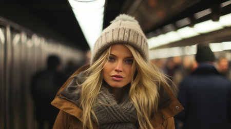 a woman in a winter hat and coat standing in a subwayの素材