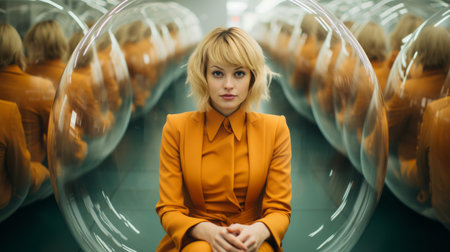 a woman in an orange suit sitting in a bubbleの素材