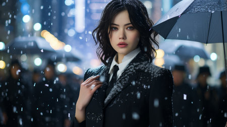 a woman in a suit and tie holding an umbrella in the rainの素材