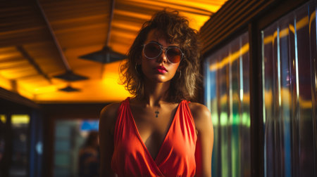 a woman in sunglasses standing in front of a windowの素材