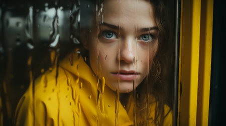 a woman in a yellow rain coat looking out the windowの素材