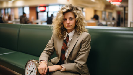 a woman in a suit and tie sitting on a benchの素材