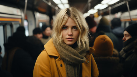 a woman in a yellow coat and scarf standing on a subway trainの素材