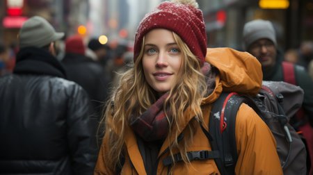 a woman in an orange coat and hat walking down the streetの素材
