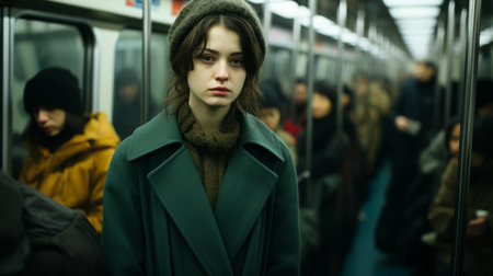 a woman in a green coat standing on a subway trainの素材