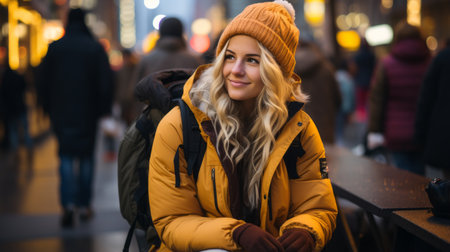 a woman in a yellow jacket sitting on a bench in the cityの素材