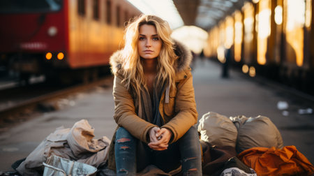 a woman sitting on the ground near a train stationの素材