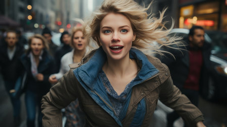 a woman running in the street with a group of people behind herの素材
