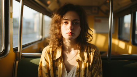 a woman sitting on a bus with her eyes closedの素材