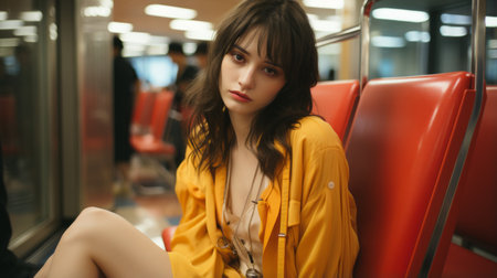 a woman sitting on a red seat in a trainの素材