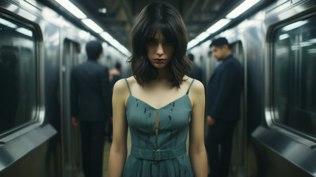 a woman is standing in a subway with other people in the backgroundの素材