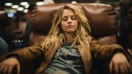 a woman sleeping in a leather chairの素材