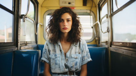 a woman sitting on a bus with her eyes closedの素材