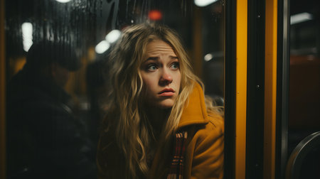 a woman sitting on a subway train looking out the windowの素材