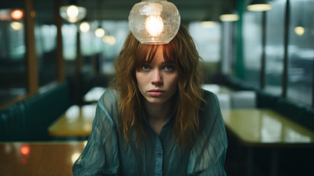 a woman sitting at a table with a light bulb on her headの素材