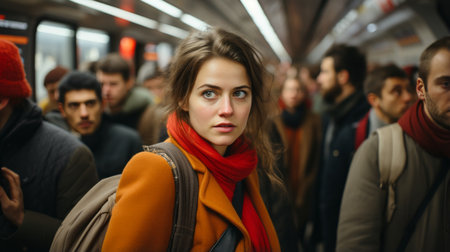a woman standing in a subway with many people around herの素材