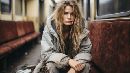a woman sitting on a train with her hands on her kneesの素材