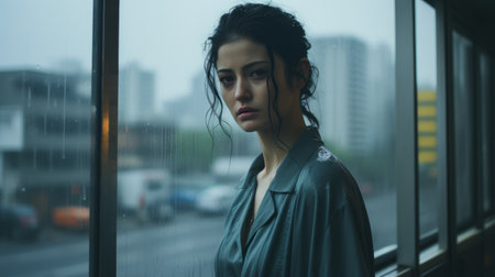 a woman standing in front of a window on a rainy dayの素材