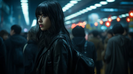 a woman with black hair standing in a crowded subwayの素材
