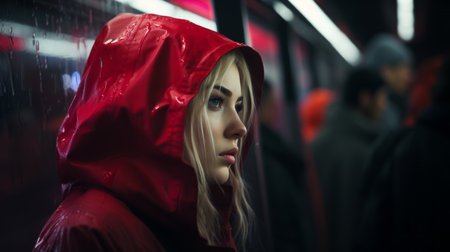 a woman wearing a red hoodie on a subway trainの素材