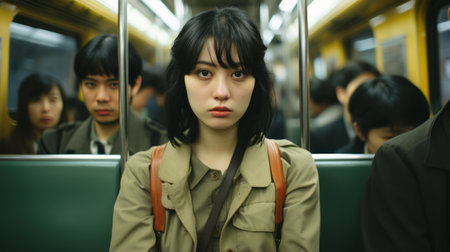 a young asian woman sitting on a subway trainの素材