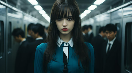 a woman with long black hair standing in front of people in a subwayの素材