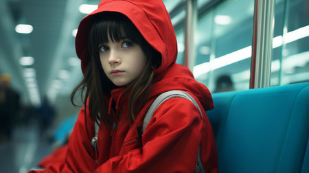 a young girl in a red jacket sitting on a benchの素材