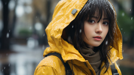 a young woman in a yellow raincoat standing in the rainの素材