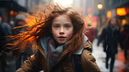 a young girl with red hair walking down the street in the rainの素材