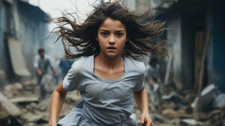 a young girl running through rubble in an urban areaの素材