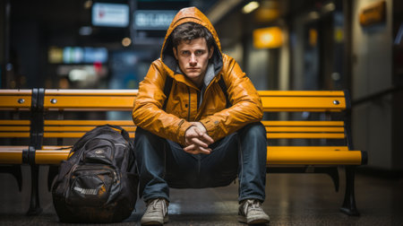 a young man sitting on a bench with a backpackの素材