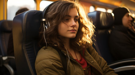a young woman wearing headphones on a trainの素材