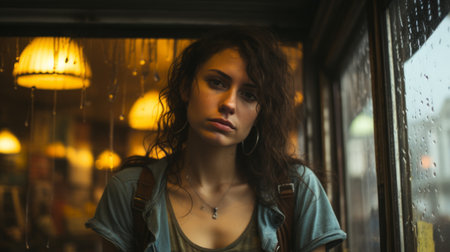 a young woman sitting in a train car with raindrops on the windowの素材