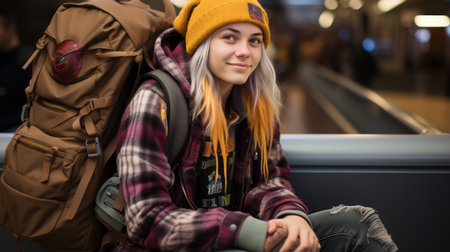 a young woman with a backpack sitting on a benchの素材