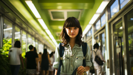 a young woman walking down a hallway with people in the backgroundの素材