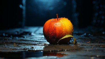 an apple is sitting on the ground in the darkの素材