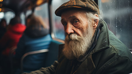 an old man with a beard sitting on a busの素材