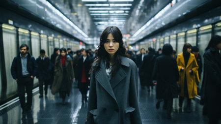 an asian woman standing in a subway with many people in the backgroundの素材