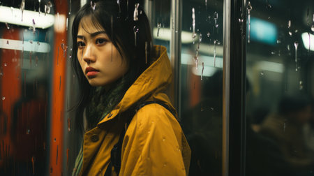 an asian woman standing in the rain on a subway trainの素材
