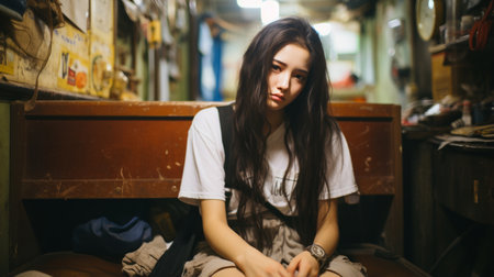 a young woman sitting on a bench in an old buildingの素材
