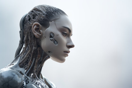 3d rendering of a female cyborg on a gray backgroundの素材