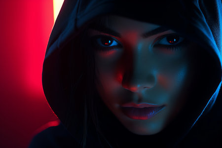 a woman in a black hoodie with red eyesの素材