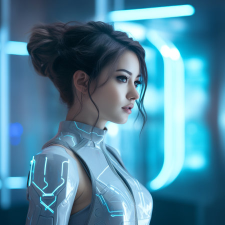 a woman in a futuristic suit stands in front of neon lightsの素材