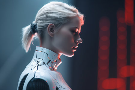 a woman in a futuristic suit stands in front of a red lightの素材