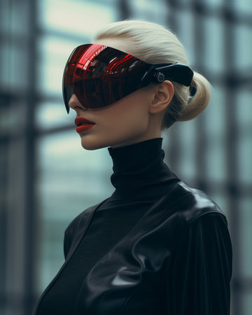 a woman in a black leather jacket and red glassesの素材