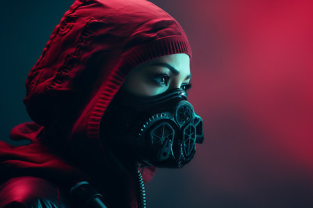 a woman wearing a gas mask in a red hoodieの素材