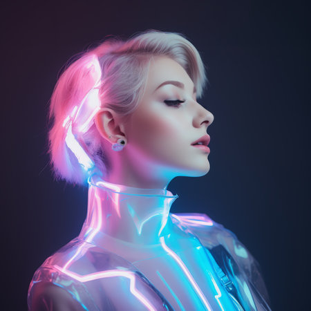 a woman with neon lights on her faceの素材